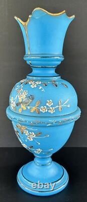 Antique Victorian Bristol Art Glass Vase 12 Blue Opaline Enameled Flowers