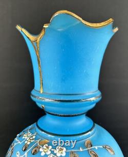 Antique Victorian Bristol Art Glass Vase 12 Blue Opaline Enameled Flowers