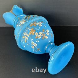 Antique Victorian Bristol Art Glass Vase 12 Blue Opaline Enameled Flowers