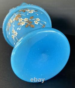 Antique Victorian Bristol Art Glass Vase 12 Blue Opaline Enameled Flowers