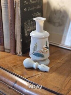 Antique Victorian Bristol Bohemia Grey Opaline Glass Enamel Floral Scent Bottle