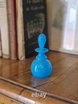 Antique Victorian French Blue Opaline Glass & Gilt Patterned Small Scent Bottle