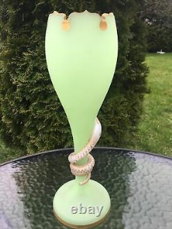 Antique Victorian French opaline glass vase applied snake 35.5 cm high