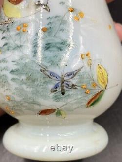 Antique Victorian Hand Painted Bird Butterfly Pink Opaline Handle Art Glass Vase