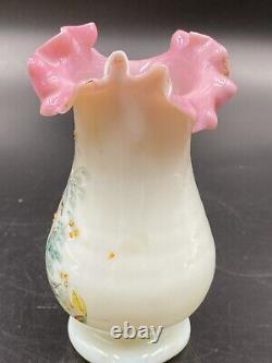 Antique Victorian Hand Painted Bird Butterfly Pink Opaline Handle Art Glass Vase