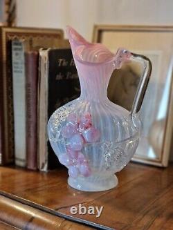 Antique Victorian Stourbridge Vaseline Glass Applique Flowers Opalescent Jug