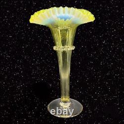 Antique Victorian Vaseline Art Glass Vase Opalescent Ruffles Hand Blown 365 UV G