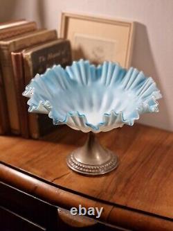 Antique Victorian WMF Blue Opaline Glass Ruffled Compote Dish EPNS Pedestal Base