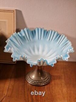 Antique Victorian WMF Blue Opaline Glass Ruffled Compote Dish EPNS Pedestal Base