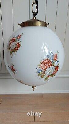 Antique Vintage Floral White Art Deco Pendant Light Opaline Brass Gallery & Hook