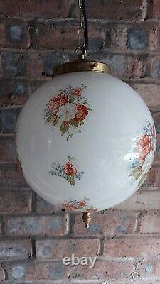 Antique Vintage Floral White Art Deco Pendant Light Opaline Brass Gallery & Hook