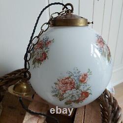 Antique Vintage Floral White Art Deco Pendant Light Opaline Brass Gallery & Hook