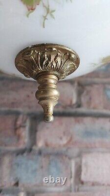 Antique Vintage Floral White Art Deco Pendant Light Opaline Brass Gallery & Hook