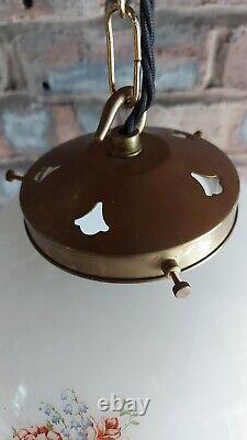 Antique Vintage Floral White Art Deco Pendant Light Opaline Brass Gallery & Hook