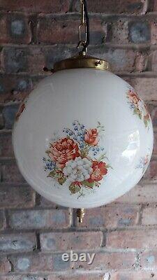 Antique Vintage Floral White Art Deco Pendant Light Opaline Brass Gallery & Hook