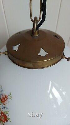 Antique Vintage Floral White Art Deco Pendant Light Opaline Brass Gallery & Hook
