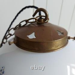 Antique Vintage Floral White Art Deco Pendant Light Opaline Brass Gallery & Hook