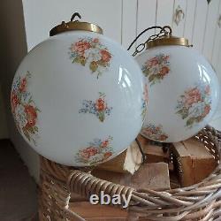 Antique Vintage Floral White Art Deco Pendant Light Opaline Brass Gallery & Hook
