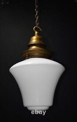 Antique art deco industrial Opaline glass & Bronze geometric pendant light RARE