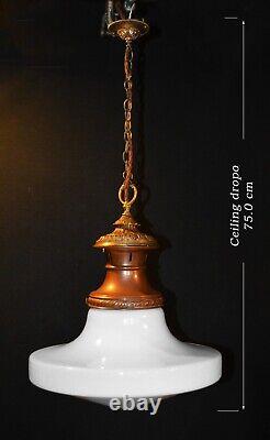 Antique art deco industrial Opaline glass & Bronze geometric pendant light RARE