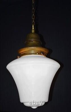 Antique art deco industrial Opaline glass & Bronze geometric pendant light RARE
