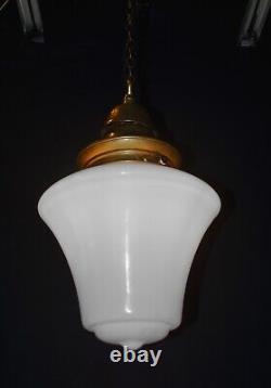 Antique art deco industrial Opaline glass & Bronze geometric pendant light RARE