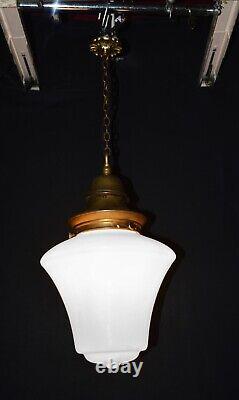 Antique art deco industrial Opaline glass & Bronze geometric pendant light RARE