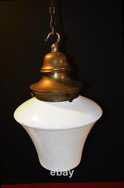 Antique art deco industrial Opaline glass & Bronze geometric pendant light RARE