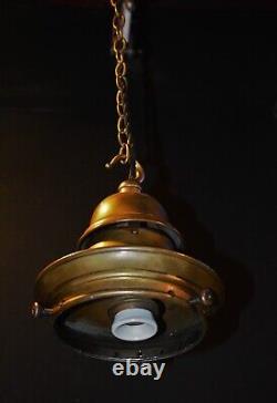 Antique art deco industrial Opaline glass & Bronze geometric pendant light RARE