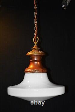 Antique art deco industrial Opaline glass & Bronze geometric pendant light RARE