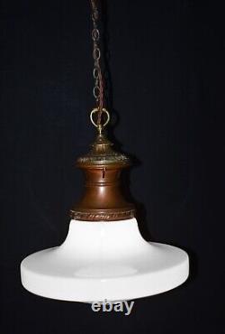 Antique art deco industrial Opaline glass & Bronze geometric pendant light RARE