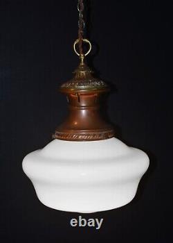 Antique art deco industrial Opaline glass & Bronze pendant schoolhouse light