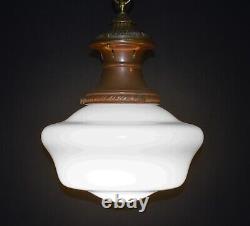 Antique art deco industrial Opaline glass & Bronze pendant schoolhouse light