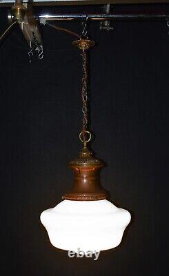 Antique art deco industrial Opaline glass & Bronze pendant schoolhouse light