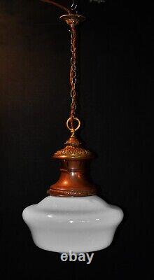 Antique art deco industrial Opaline glass & Bronze pendant schoolhouse light