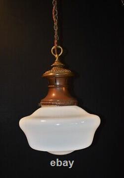 Antique art deco industrial Opaline glass & Bronze pendant schoolhouse light