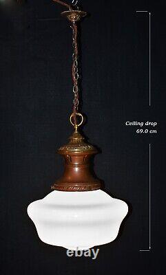 Antique art deco industrial Opaline glass & Bronze pendant schoolhouse light