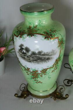 Antique art nouveau french opaline glass vases set landscape decors
