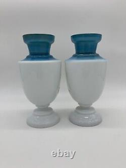 Antique pair of opaline blue and white hand painted milk glass vases
