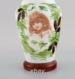 Antique vase in opal art glass with hand-painted motif of a young woman