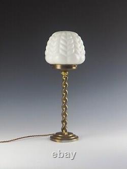 Art Deco Brass Plated Barley-Twisted Table Lamp with Art Deco Opaline Glass Glob