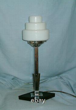 Art Deco Chrome Lamp With Geometric Base & Stepped Opaline Glass Shade