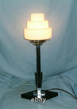 Art Deco Chrome Lamp With Geometric Base & Stepped Opaline Glass Shade