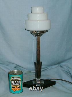 Art Deco Chrome Lamp With Geometric Base & Stepped Opaline Glass Shade