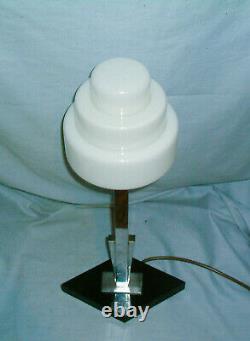 Art Deco Chrome Lamp With Geometric Base & Stepped Opaline Glass Shade