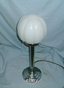 Art Deco Chrome Lamp With Stepped Base & Opaline Glass Shade Rewired