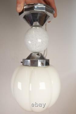 Art Deco Chrome Suspension Light Opaline White Glass Globe 1930s-40s Italy