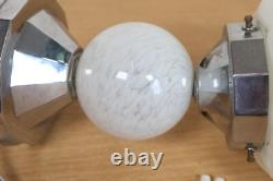 Art Deco Chrome Suspension Light Opaline White Glass Globe 1930s-40s Italy