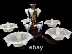 Art Deco Ezan Icicle Chandelier Opalescent Glass Pendant Light France C. 1935