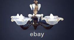 Art Deco Ezan Icicle Chandelier Opalescent Glass Pendant Light France C. 1935